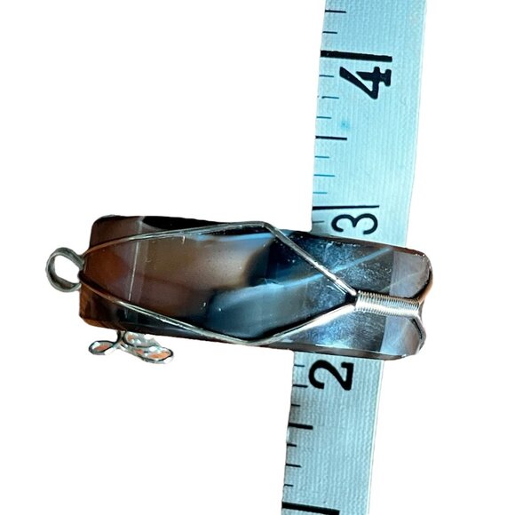 Banded Agate Pendant With Druzy Center Wire Wrapped Handmade Large - Picture 4 of 12